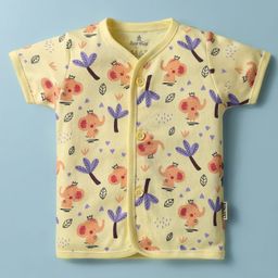 Child World Interlock Knit Half Sleeves Front Open Jhabla With Elephant Print - Lemon-image-85