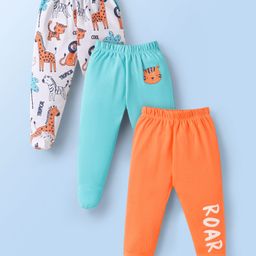 Doodle Poodle Cotton Knit Footed Bootie Leggings With Animal Print Pack Of 3 - Orange & Light Blue-image-39