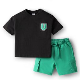 Mark & Mia Cotton Knit Half Sleeves Oversized T-Shirt & Shorts Set With Pocket & Graphics Detailing - Black & Green-picture-12