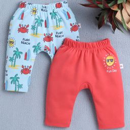 BUMZEE Cotton Pack Of 2 Beach Theme & Fun Day Text Printed Diaper Leggings - Sky Blue & Coral-image-72