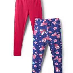 Pine Kids Cotton Lycra Knit Full Length Butterfly Printed Leggings Pack Of 2 - Blue & Dark Pink-image-15