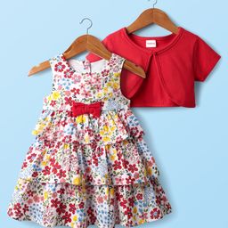 Babyhug Cotton Knit Half Sleeves Shrug With Floral Printed Layered Frock with Bow Applique - Red-image-90