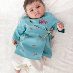 Tiber Taber 100% Cotton Full Sleeves Om Namah Shivay Text & Damru Embroidered Kurta Pyjama Set - Blue-image-83