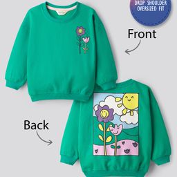 Bonfino 100% Cotton French Terry Oversized Full Sleeves Printed Sweatshirt with Front and Back Floral Print - Green-image-94