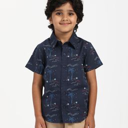 Nautinati Cotton Knit Half Sleeves Palm Trees Printed Shirt - Blue-image-17
