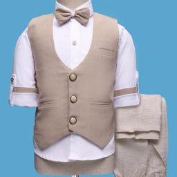 Radutu Full Sleeves Solid 3 Piece Party Suit Set With Bow - Beige & White-image-126