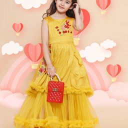 Bitiya By Bhama Silk Woven Sleeveless Floral Embroidered Layered Gown - Yellow-image-10