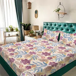 Klotthe Multi Floral 300 TC Cotton Blend Fitted Double Bedsheet in Book Fold Packing-image-94