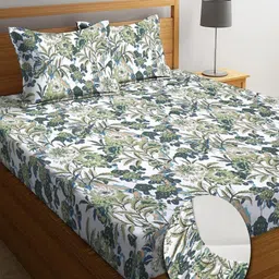 Aura Green & White Floral 144 TC King Bedsheet with 2 Pillow Covers-image-98