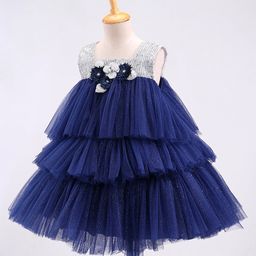 Bluebell Sleeveless Net DC Party Frock With Floral Applique & Sequine Detailing - Grey & Blue image 2