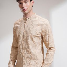 HIGHLANDER Men Band Collar Textured Cotton Casual Shirt-image-56