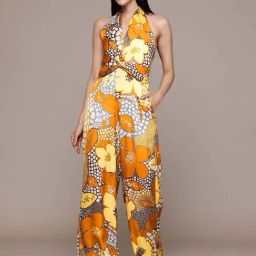 Label Ritu Kumar Yellow Satin Fitted Floral Print Jumpsuit-image-4