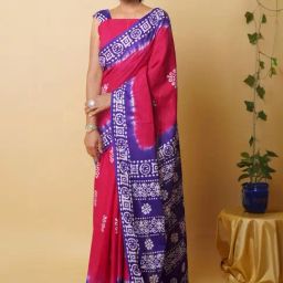 Unnati Silks Pink & Navy Cotton Printed Saree With Unstitched Blouse-image-78