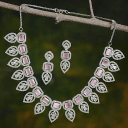 Zeneme Pink Silver Toned Plated Crystal Studded Leaf Shaped Jewellery Set-16