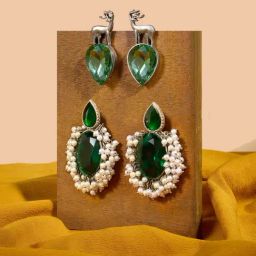 Zaveri Pearls Set of 2 Green Dazzling Stones Fusion Wear Drop Earrings-ZPFK18313-76