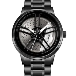 EMPERO Men Brass Patterned Dial & Stainless Steel Wrap Around Straps Analogue Watches Black Wheel Watch 3-12