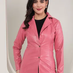 TANDUL Women Slim Fit Notched Lapel Single-Breasted Leather Blazer-image-3