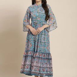 Juniper Aqua Blue Geometric Printed Chiffon Tiered Maxi Dress With Buttons-image-19