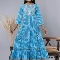 Juniper Sky Blue Cotton Leheriya Printed Anarkali Dress with Embroidered Yoke-picture-14