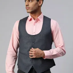 ManQ Dark Blue Sleeveless Scoop Neck Waistcoat-image-5