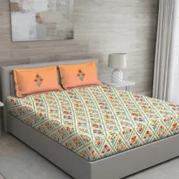 GM 'Regal' Orange & Green Cotton 144 TC Double Bedsheet with 2 Pillow Covers-picture-22