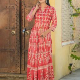 Juniper Peach Floral Printed Rayon Flared Maxi Dress-image-59