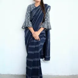 Chidiyaa Blue Block Printed Saree-picture-11