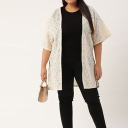 Rute Plus Size Women Beige Self Design Longline Open Front Shrug image 2