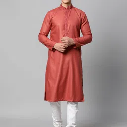 Manthan Men Rust Red Thread Work Kurta-image-2