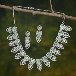 Zeneme Silver Plated White Green AD Stone Studded Jewellery Set-15