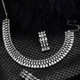Priyaasi Silver American Diamond Studded Necklace & Earring Set-19