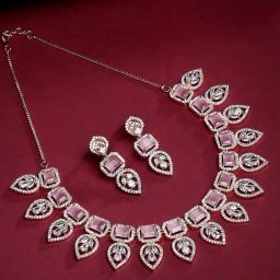 Zeneme Rose Gold Plated White Pink Crystal Studded Handcrafted Jewellery Set-33