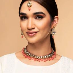 Priyaasi Gold & pink Kundan Studded & Beaded Necklace, Maangtikka & Earrings Set-26