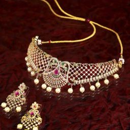 Zeneme Gold Plated White Red AD Studded Drop Pearl Beaded Jewellery Set-13