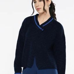 RAREISM Navy Acrylic Solid Long Sleeves Shrug-picture-33