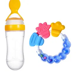 Joy Buzz Kids Set Of 2 Baby Spoon Feeder - 90 ml & Rattle Teether - Yellow & Blue-35