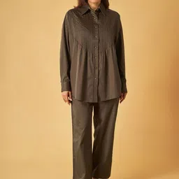 Maisolos Long Sleeves Cotton Linen Pintucks Shirt With Trousers-image-22