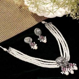 Priyaasi Pink Stones Studded & Pearl Beaded Necklace & Earring Set-12