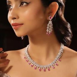 Priyaasi Pink American Diamond Necklace & Earring Set-image-24