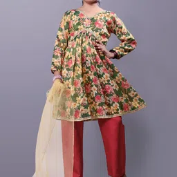 Aarya Designer Girls Floral Printed Pleated Gotta Patti Kurta with Trousers & With Dupatta-image-35