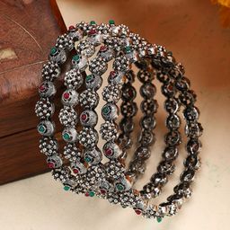 Sangria Set Of 4 Oxidised Silver-Plated Stone Studded Bangles-11