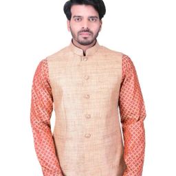 Manyavar Beige Self Design Ethnic Waistcoat-image-97