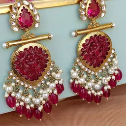 Lyriss Gold Plated Artificial Stones Studded and Beaded Contemporary Shaped Drop Earrings-picture-36