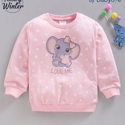 Babyoye Full Sleeves Cotton Blend Brushed Fleece Sweatshirt Elephant & Hearts Print- Pink-image-27