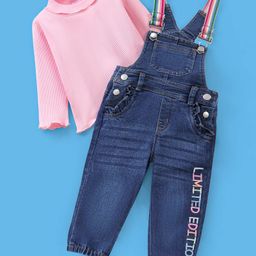 Babyhug 100% Cotton Full Sleeves Solid Colour T-Shirt With Sleeveless Dungaree Text Embroidered - Pink & Indigo-image-105