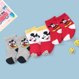 Cutewalk By Babyhug Anti Bacterial Ankle Length Non Terry Socks Mickey Mouse Design Pack of 3 - Grey & Red-image-25