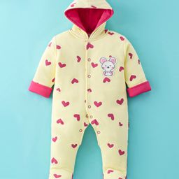 Child World Foam Full Sleeves Heart Printed & Mice Patched Hooded Winter Sleep Suit - Lemon Yellow-image-24
