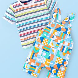 Babyhug Single Jersey Knit Abstract Print Dungaree & Half Sleeves  Striped T-Shirt - Multicolour-image-20