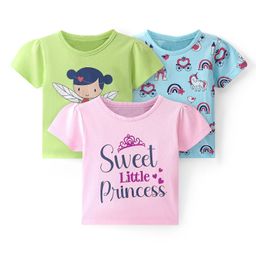 Doodle Poodle 100% Cotton Knit Half Sleeves Unicorn Print T-Shirts Pack of 3 - Blue Green & Pink-image-94
