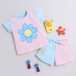 BUMZEE Cotton Cap Sleeves Colour Blocked & Flower Printed Tee With Shorts Set - Sky Blue & Pink-image-52